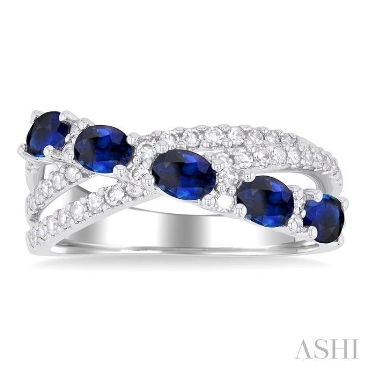 4X3 MM Oval Cut Sapphire and 1/2 Ctw Single Cut Diamond Split Criss Cross Precious Ring in 14K White Gold