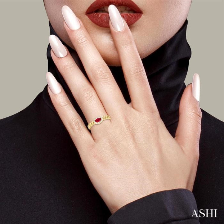 5x3 MM Oval Cut Ruby and 1/10 Ctw Curb & Cuban Link East-West Round Cut Diamond Halo Precious Ring in 10K Yellow Gold