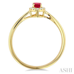 5x3 MM Oval Shape Ruby and 1/20 Ctw Round Cut Diamond Halo Precious Ring in 14K Yellow Gold
