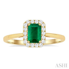6x4 MM Octagonal Shape Emerald and 1/6 Ctw Round Cut Diamond Halo Precious Ring in 14K Yellow Gold