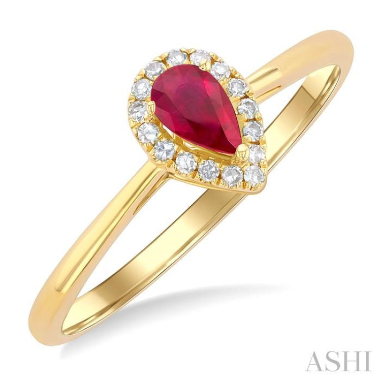 5x3 MM Pear Shape Ruby and 1/20 Ctw Single Cut Diamond Halo Precious Ring in 10K Yellow Gold