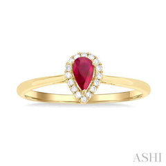 5x3 MM Pear Shape Ruby and 1/20 Ctw Single Cut Diamond Halo Precious Ring in 10K Yellow Gold