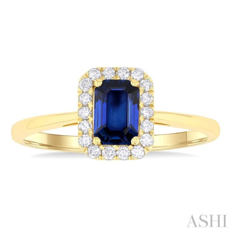 6x4 MM Octagonal Shape Sapphire and 1/6 Ctw Round Cut Diamond Halo Precious Ring in 10K Yellow Gold