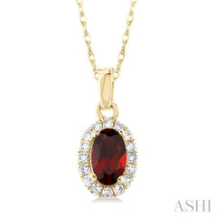 5x3 MM Oval Shape Garnet and 1/20 Ctw Round Cut Diamond Halo Semi-Precious Pendant with Chain in 14K Yellow Gold