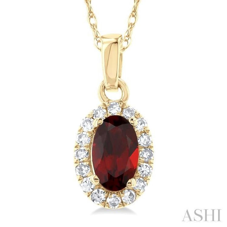 5x3 MM Oval Shape Garnet and 1/20 Ctw Round Cut Diamond Halo Semi-Precious Pendant with Chain in 14K Yellow Gold