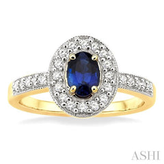 6x4 MM Oval Cut Sapphire and 1/4 Ctw Round Cut Diamond Ring in 14K Yellow Gold