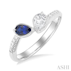 5x3 MM Pear Cut Sapphire and 1/3 Ctw Pear & Round Cut Diamond Toi Et Moi Precious Fashion Ring in 14K White Gold