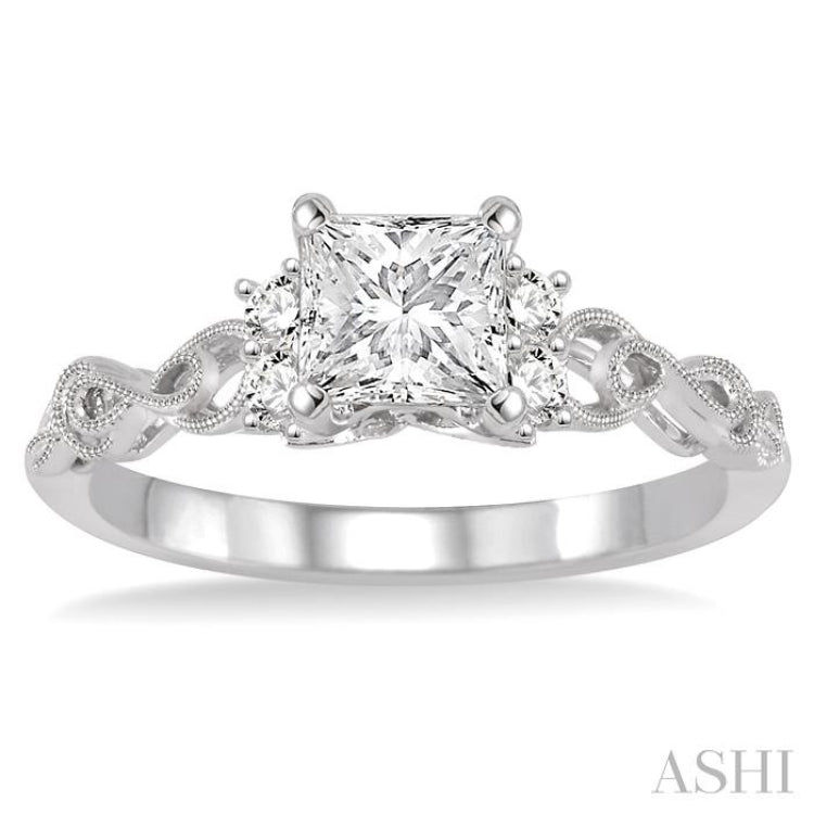 1/2 Ctw Diamond Engagement Ring with 1/3 Ct Princess Cut Center Stone in 14K White Gold