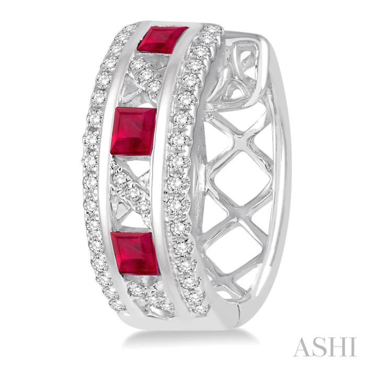 2.4x2.4 MM Princess Cut Ruby and 1/3 Ctw Round Cut Diamond Precious Earrings in 14K White Gold