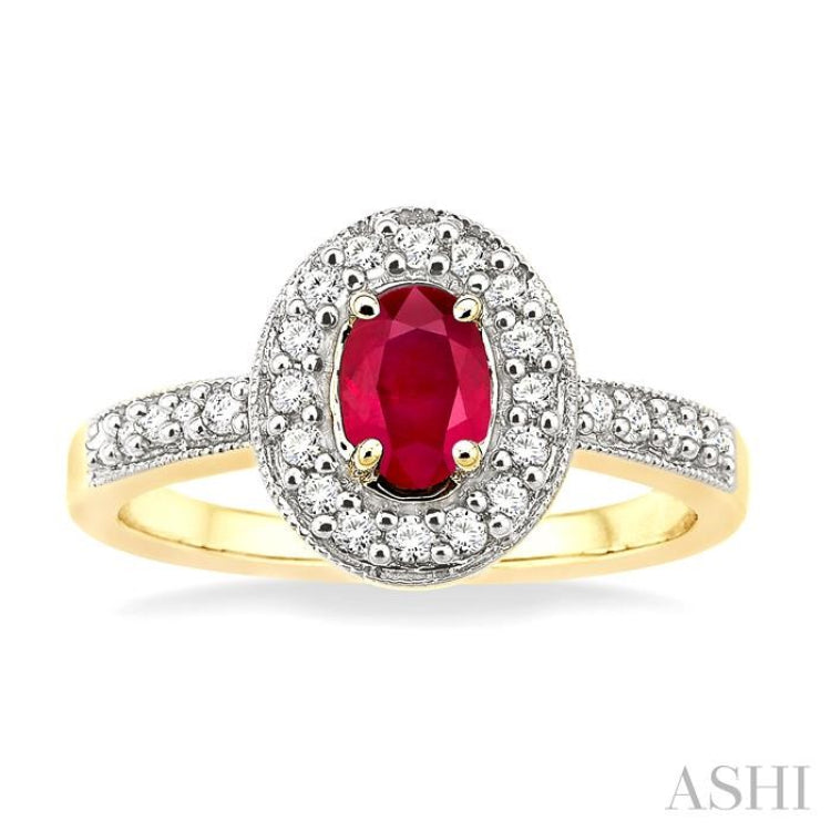 6x4 MM Oval Cut Ruby and 1/4 Ctw Round Cut Diamond Ring in 14K Yellow Gold