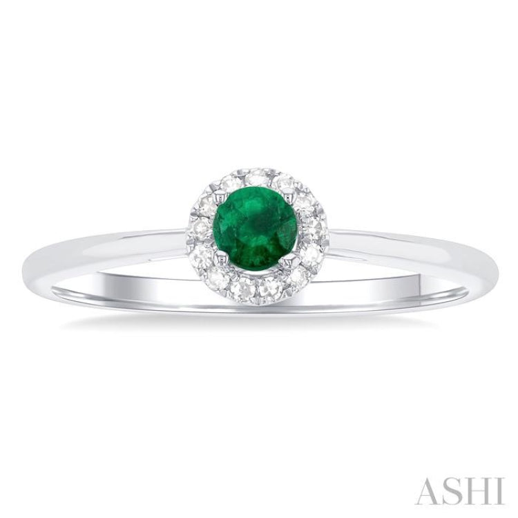 3.25 MM Round Emerald and 1/20 Ctw Single Cut Diamond Halo Precious Ring in 10K White Gold