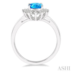 8x6 MM Oval Shape Blue Topaz and 1/10 Ctw Round Cut Diamond Semi-Precious Ring in 10K White Gold
