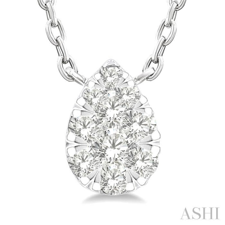 1/10 Ctw Lovebright Petite Pear Shape Round Cut Diamond Fashion Pendant With Chain in 10K White Gold