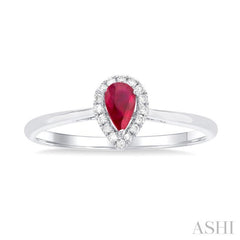 5x3 MM Pear Shape Ruby and 1/20 Ctw Round Cut Diamond Halo Precious Ring in 10K White Gold