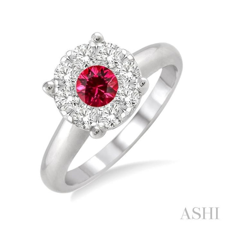 3.8 MM Round Cut Ruby and 1/3 Ctw Lovebright Diamond Precious Ring in 14K White Gold