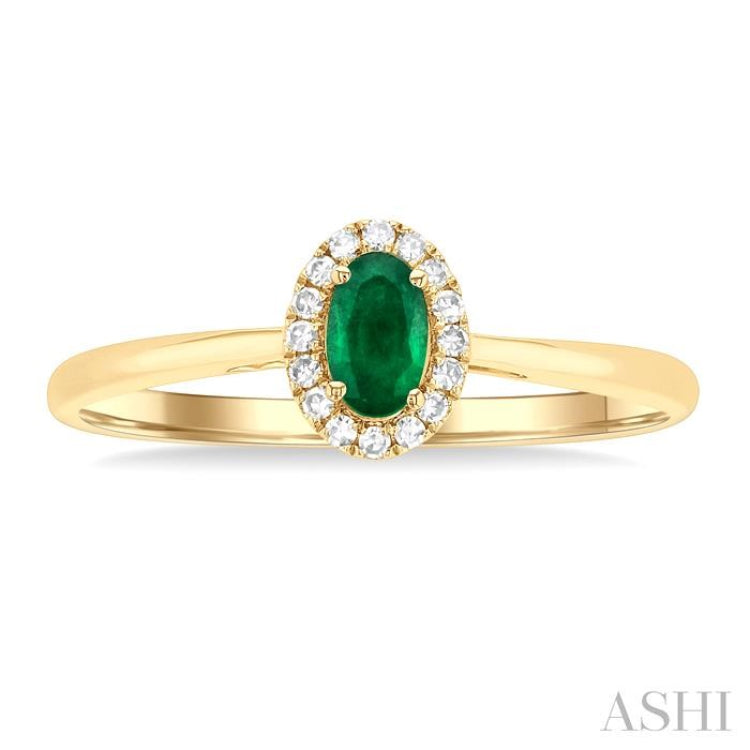 5x3 MM Oval Shape Emerald and 1/20 Ctw Round Cut Diamond Halo Precious Ring in 14K Yellow Gold