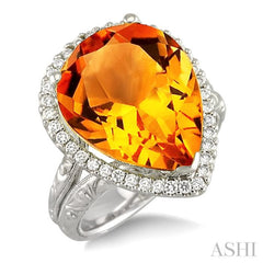 16x13 MM Pear Shape Citrine and 1/3 Ctw Round Cut Diamond Semi-Precious Ring in 14K White Gold