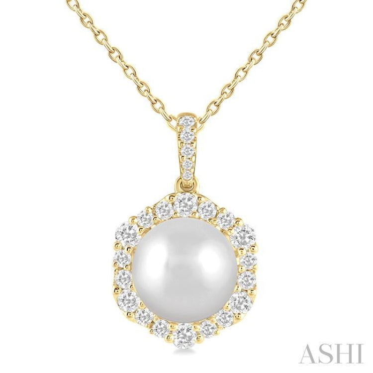 10 MM Cultured Pearl and 5/8 Ctw Hexagon Shape Round Cut Diamond Pendant With Chain in 14K Yellow Gold