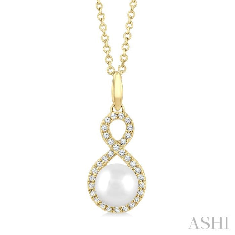 6 MM Cultured Pearl and 1/8 Ctw Round Cut Diamond Petite Fashion Pendant With Chain in 10K Yellow Gold