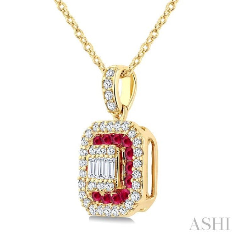 1/4 Ctw Octagonal Shape 1.45MM Ruby, Baguette and Round Cut Diamond Precious Fusion Pendant With Chain in 14K Yellow Gold