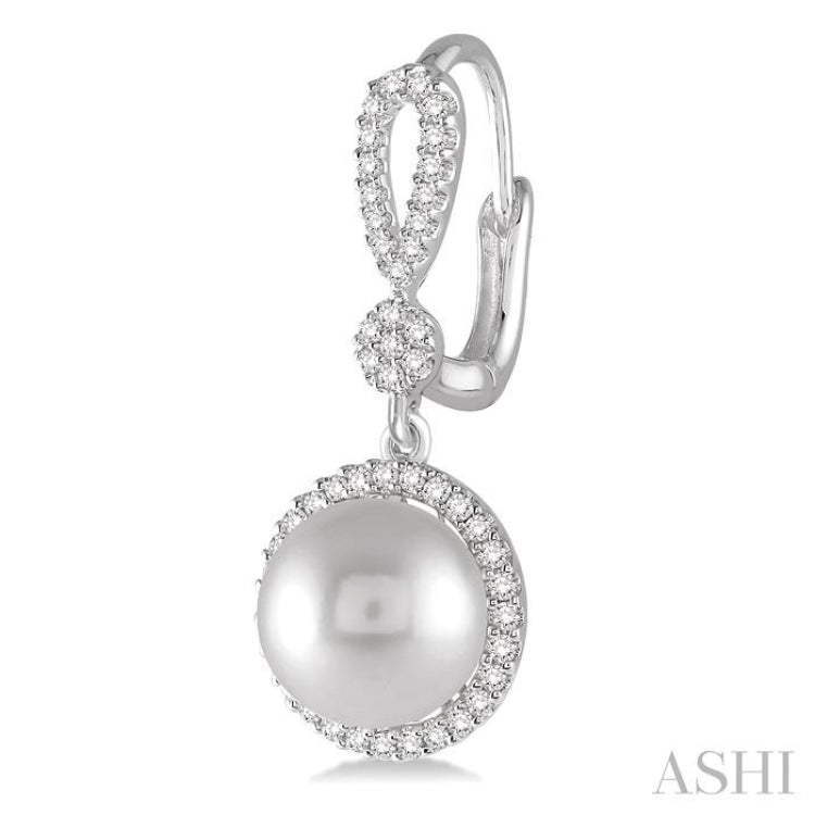 8 MM Cultured Pearls and 1/3 Ctw Round Cut Diamond Earrings in 14K White Gold