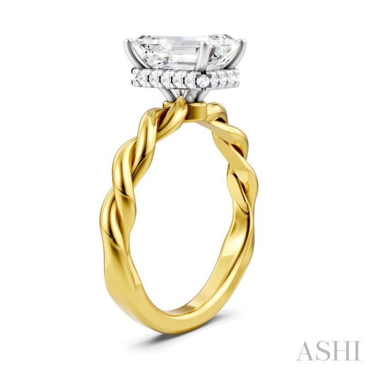 1/10 Ctw Akari Twisted Shank Emerald Shape Round Cut Diamond Semi Mount Engagement Ring in 14K Yellow and White Gold