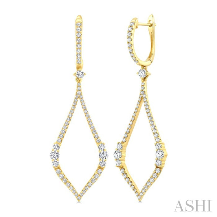 1 3/8 Ctw Elongated Open Window Marquise Shape Dangler Round Cut Diamond Fashion Earrings in 14K Yellow Gold