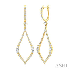 1 3/8 Ctw Elongated Open Window Marquise Shape Dangler Round Cut Diamond Fashion Earrings in 14K Yellow Gold