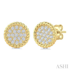 1/5 Ctw Round Cut Diamond Rope Border Circle Motif Fashion Stud Earrings in 10K Yellow Gold