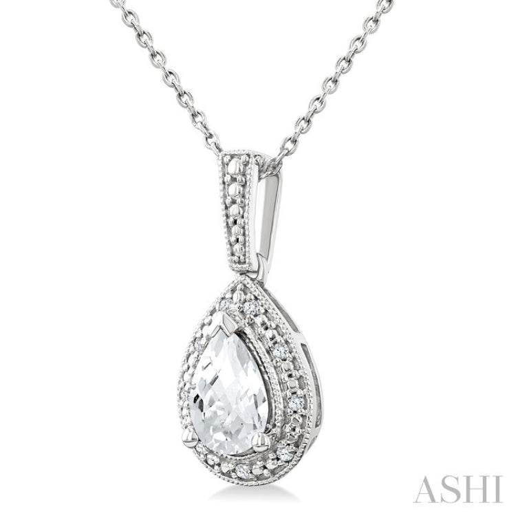 7X5 MM Pear Shape White Topaz and 1/50 Ctw Round Cut Diamond Semi-Precious Pendant With Chain in Sterling Silver