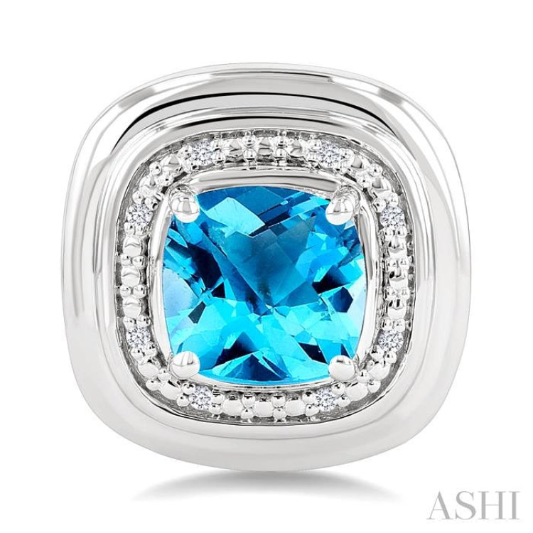 6 MM Cushion Shape Blue Topaz and 1/20 Ctw Round Cut Diamond Semi-Precious Earrings in Sterling Silver