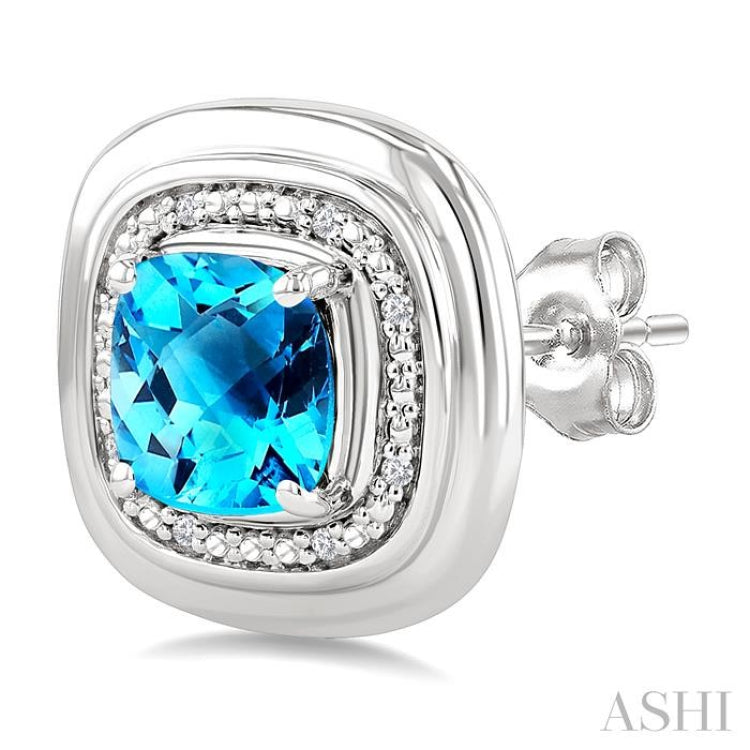6 MM Cushion Shape Blue Topaz and 1/20 Ctw Round Cut Diamond Semi-Precious Earrings in Sterling Silver