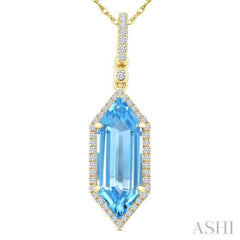 16X6 MM Hexagon Shape Blue Topaz and 1/5 Ctw Round Cut Diamond Semi-Precious Pendant With Chain in 10K Yellow Gold