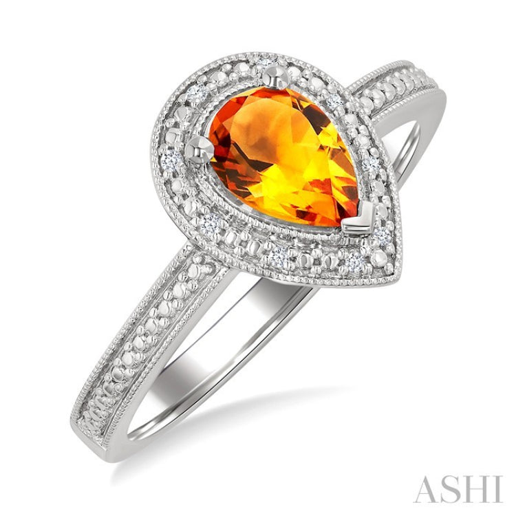 7X5 MM Pear Shape Citrine and 1/50 Ctw Round Cut Diamond Semi-Precious Ring in Sterling Silver