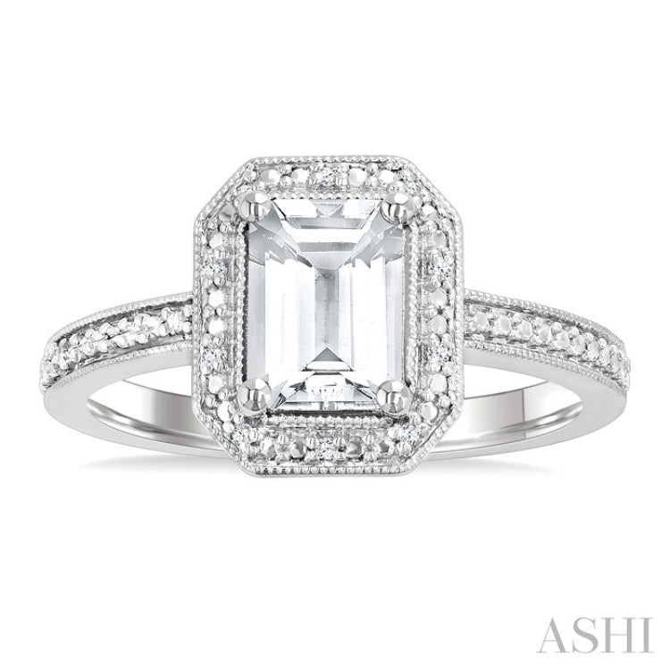 7X5 MM Octagon Shape White Topaz and 1/50 Ctw Round Cut Diamond Semi-Precious Ring in Sterling Silver