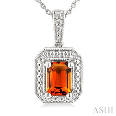 7X5 MM Octagon Shape Citrine and 1/50 Ctw Round Cut Diamond Semi-Precious Pendant With Chain in Sterling Silver