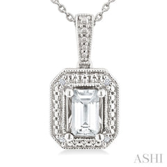 7X5 MM Octagon Shape White Topaz and 1/50 Ctw Round Cut Diamond Semi-Precious Pendant With Chain in Sterling Silver