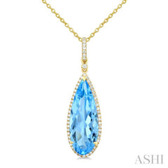 22X8 MM Evoque Gemstones Pear Shape Blue Topaz and 1/4 Ctw Round Cut Diamond Semi-Precious Pendant With Chain in 14K Yellow Gold