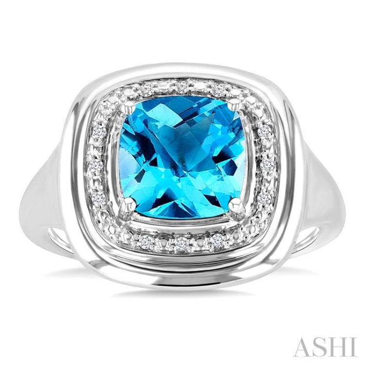 8 MM Cushion Shape Blue Topaz and 1/20 Ctw Round Cut Diamond Semi-Precious Ring in Sterling Silver