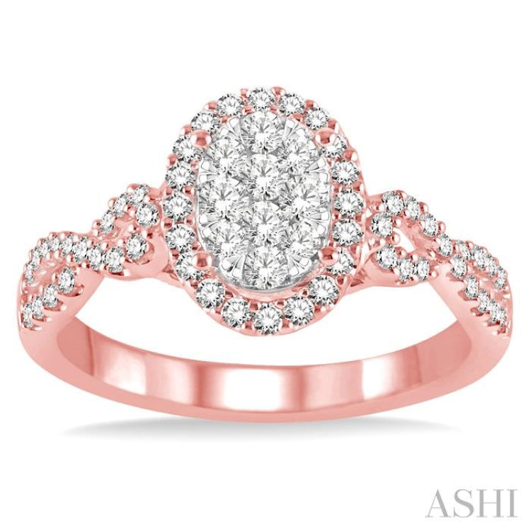 5/8 Ctw Oval Shape Round Cut Diamond Lovebright Ring in 14K Rose and White Gold