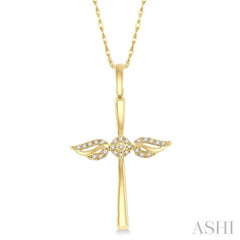 1/10 Ctw Angel Wing Round Cut Diamond Cross Petite Pendant With Chain in 10K Yellow Gold