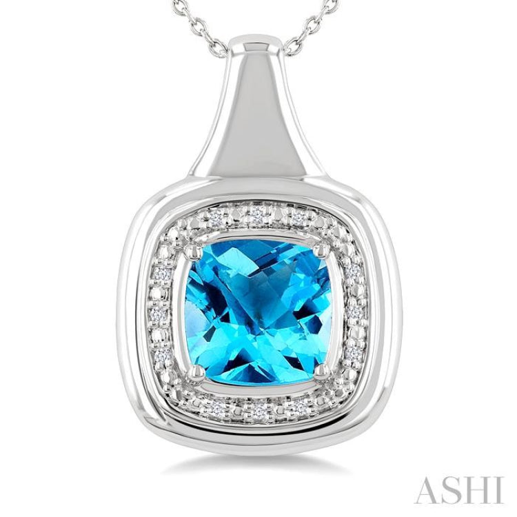 8 MM Cushion Shape Blue Topaz and 1/20 Ctw Round Cut Diamond Semi-Precious Pendant With Chain in Sterling Silver