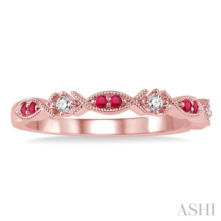 1.25 MM Round Cut Ruby and 1/20 Ctw Round Cut Diamond Precious Half Eternity Wedding Band in 14K Rose Gold