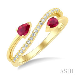 4X3 MM Pear Shape Ruby and 1/6 Ctw Round Cut Diamond Precious Ring in 10K Yellow Gold