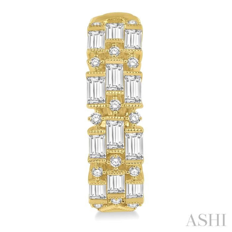 1 5/8 Ctw Triple Row Baguette and Round Cut Diamond Fashion Hoop Earrings in 14K Yellow Gold