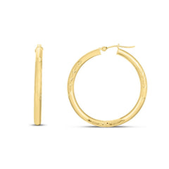 14K Yellow Gold 3mm Diamond Cut & Polished Design Hoop Earring