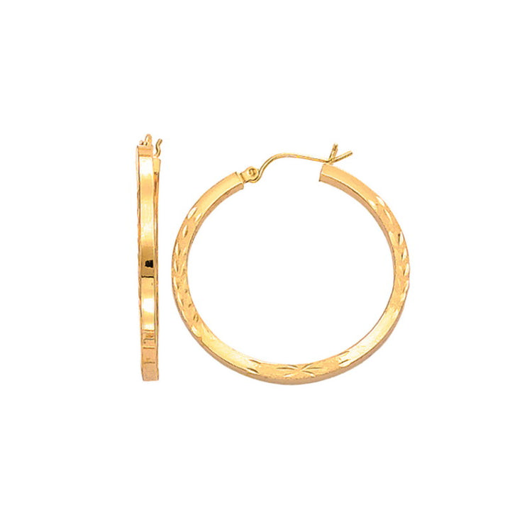 14K Yellow Gold Diamond Cut Hoop Earring