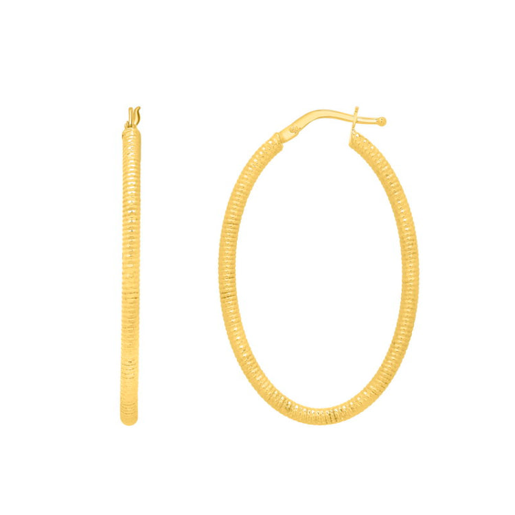 14K Gold Oval Diamond Cut Hoop Earring