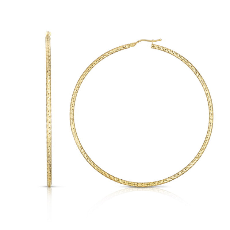 14K Gold Round Diamond Cut Hoop Earring