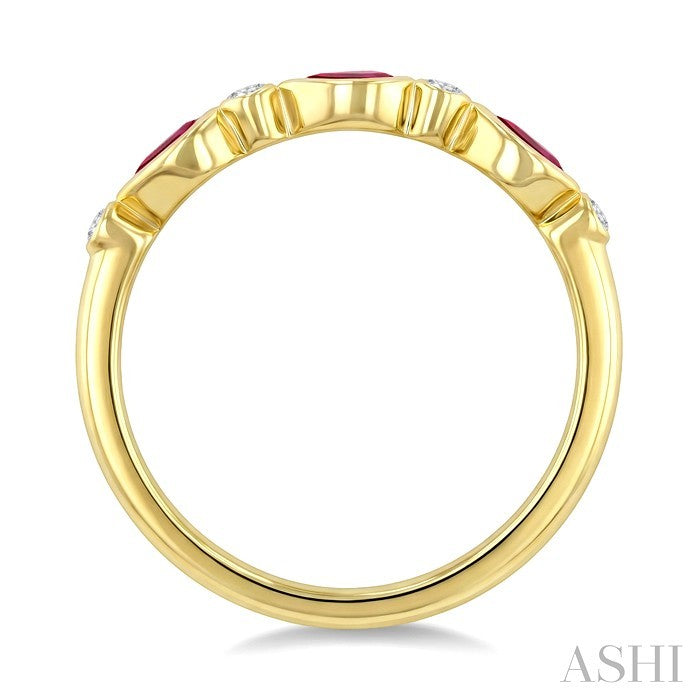 4X3 MM Pear Shape Ruby and 1/20 Ctw Bezel Set Round Cut Diamond Precious Fashion Band in 10K Yellow Gold
